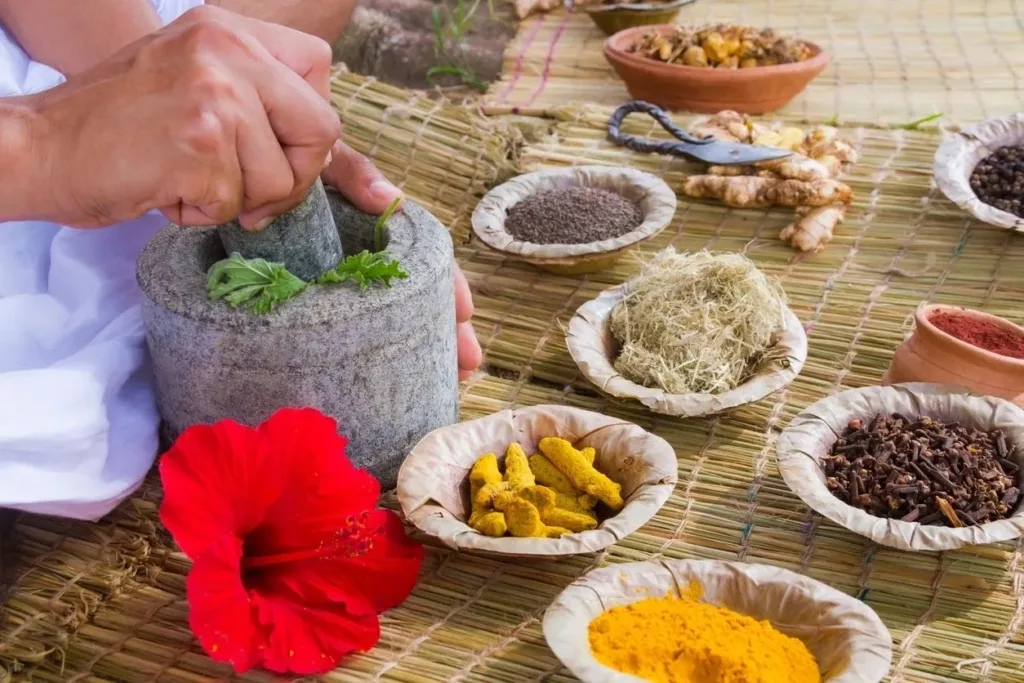 Traditional herbal medicine ingredients and preparation in a mortar.